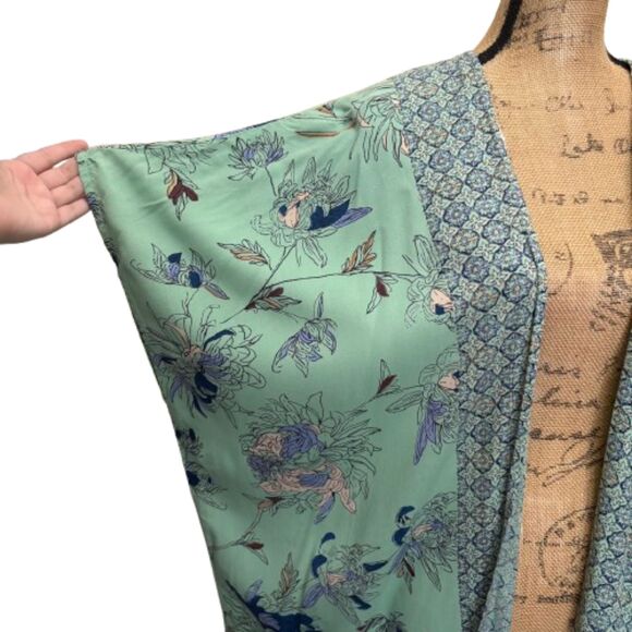 Angie Open Front Duster Kimono Mint Green Mixed Prints Bohemian Flowy One Size - Picture 2 of 4
